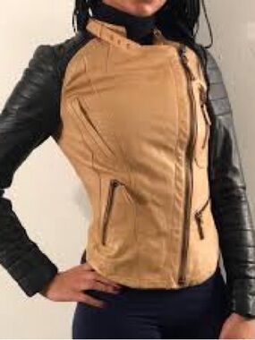 Zara Two Tone Moto Jacket Tan Black Faux Leather Small